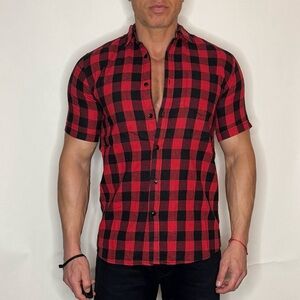 Kill City Men's Red and Black Checkered Flannel Short Sleeve Shirt